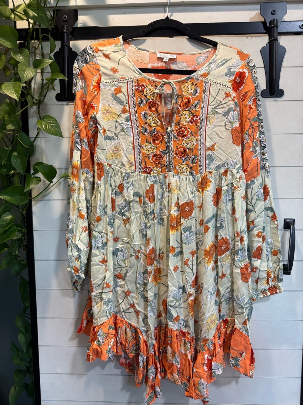 Patrons of Peace Cream and Orange Floral Long-Sleeve Boho Dress